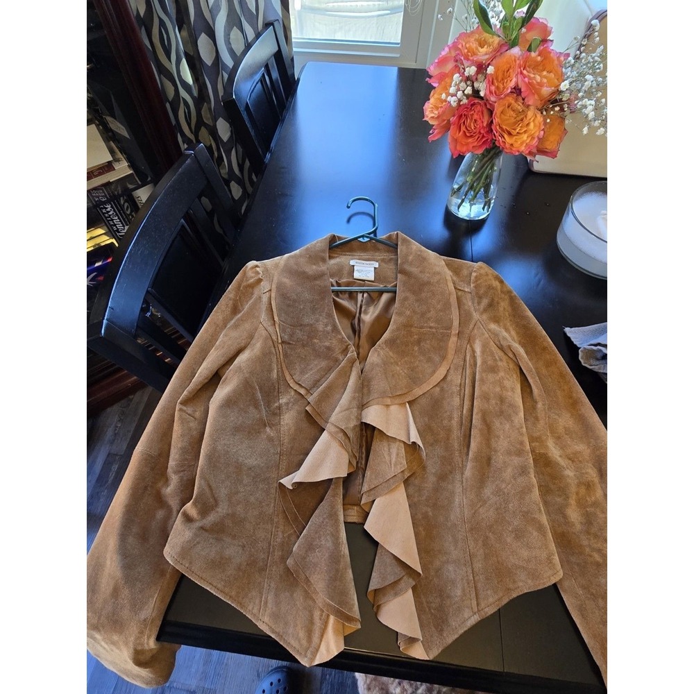 Boston Proper Brown Leather Ruffle Button Jacket Lined Size 8 MPN 83952 - Picture 4 of 8
